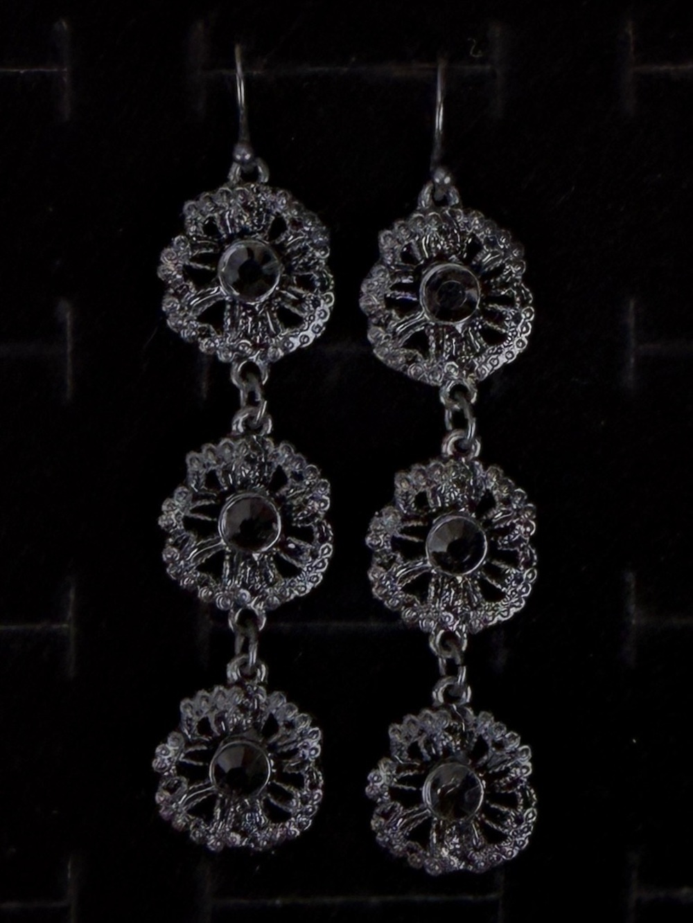 Gorgeous black floral long drop pierced earrings